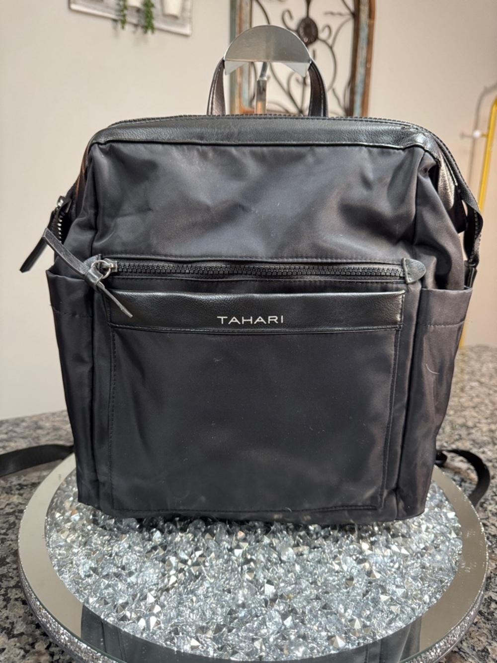 Tahari Black Nylon Backpack with Front Zip Pocket
